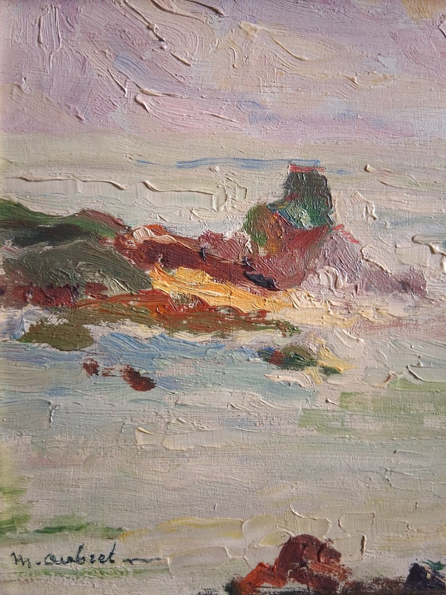 Maurice AUBRET (1897-1977) huile sur bois marine bord de mer côte rocheuse -photo-3