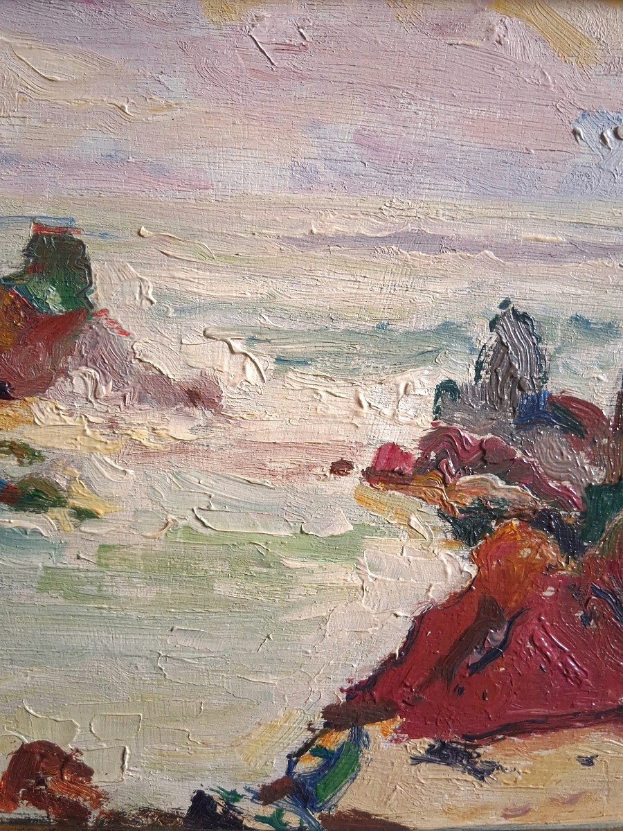 Maurice AUBRET (1897-1977) huile sur bois marine bord de mer côte rocheuse -photo-4