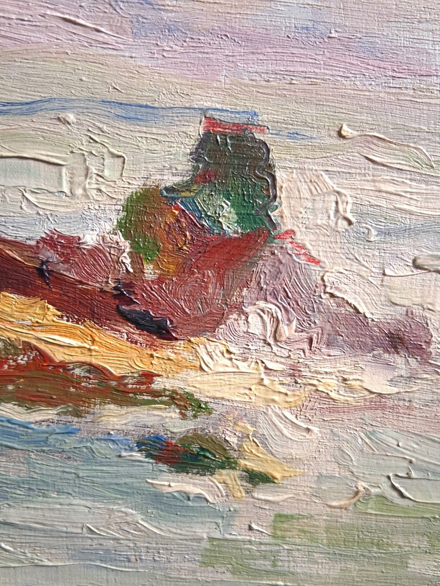 Maurice AUBRET (1897-1977) huile sur bois marine bord de mer côte rocheuse -photo-3