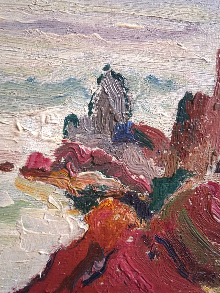 Maurice AUBRET (1897-1977) huile sur bois marine bord de mer côte rocheuse -photo-4