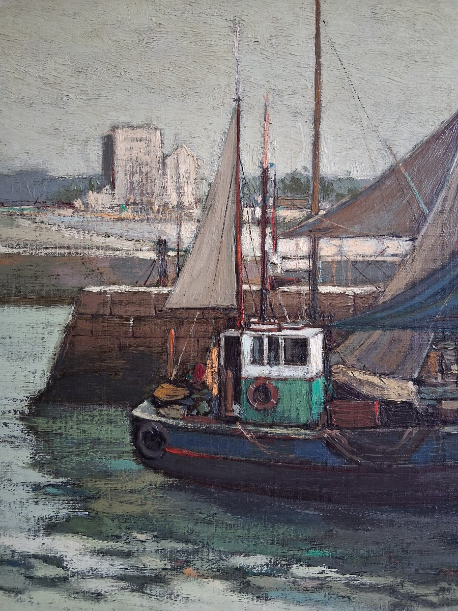 Michel BRION (né en 1927) port de Ouistreham Normandie huile sur toile-photo-2