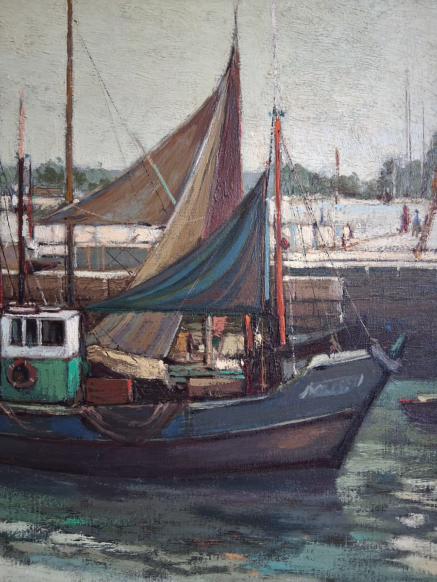 Michel BRION (né en 1927) port de Ouistreham Normandie huile sur toile-photo-3