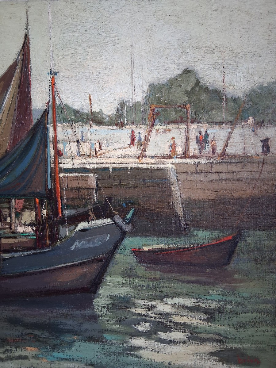 Michel BRION (né en 1927) port de Ouistreham Normandie huile sur toile-photo-4