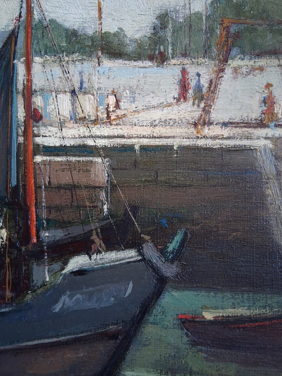 Michel BRION (né en 1927) port de Ouistreham Normandie huile sur toile-photo-5