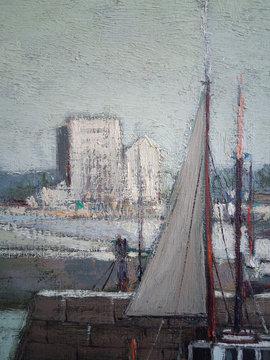 Michel BRION (né en 1927) port de Ouistreham Normandie huile sur toile-photo-6
