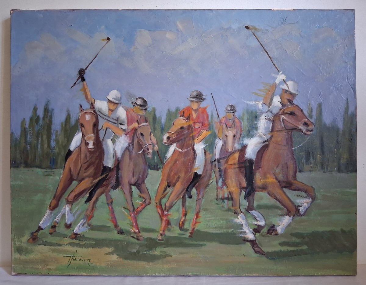 Jean Thevenon (1930-2019) Oil On Canvas Polo Players-photo-2