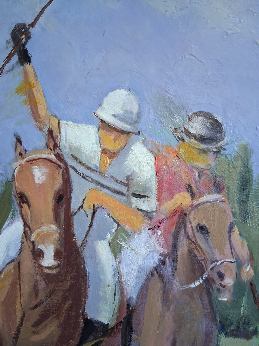 Jean Thevenon (1930-2019) Oil On Canvas Polo Players-photo-2