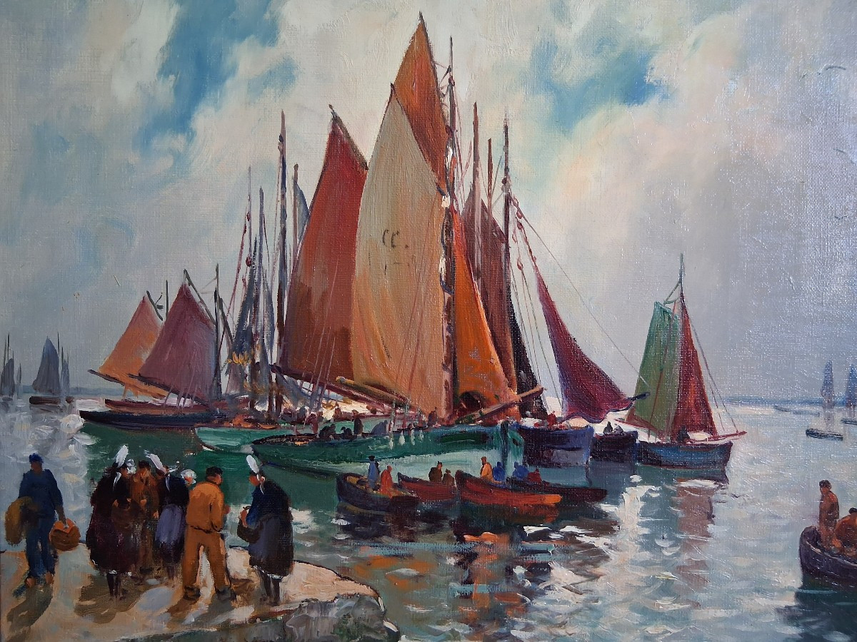 Eugène DEMESTER (1914-1984) retour de pêche en Bretagne huile sur toile marine-photo-3