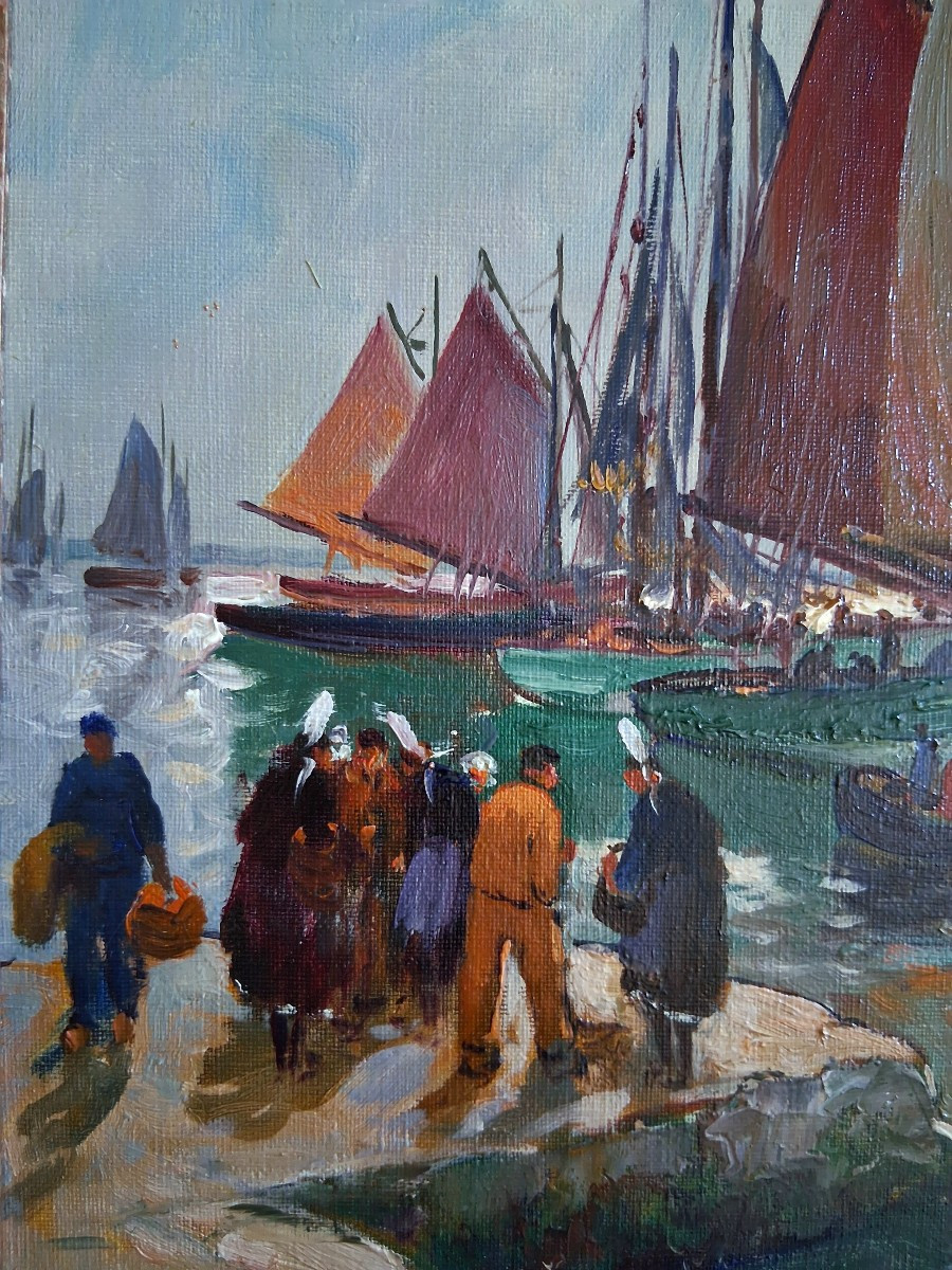 Eugène DEMESTER (1914-1984) retour de pêche en Bretagne huile sur toile marine-photo-1