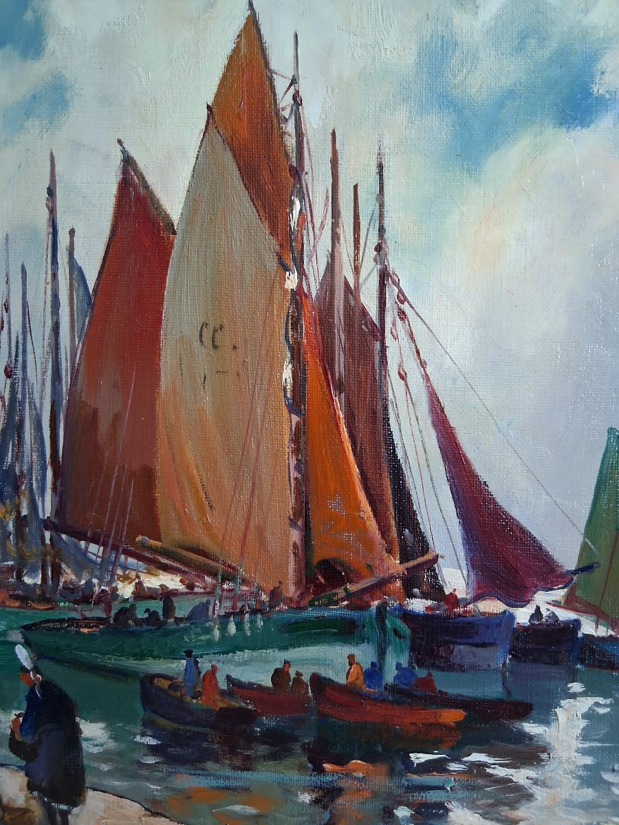 Eugène DEMESTER (1914-1984) retour de pêche en Bretagne huile sur toile marine-photo-2