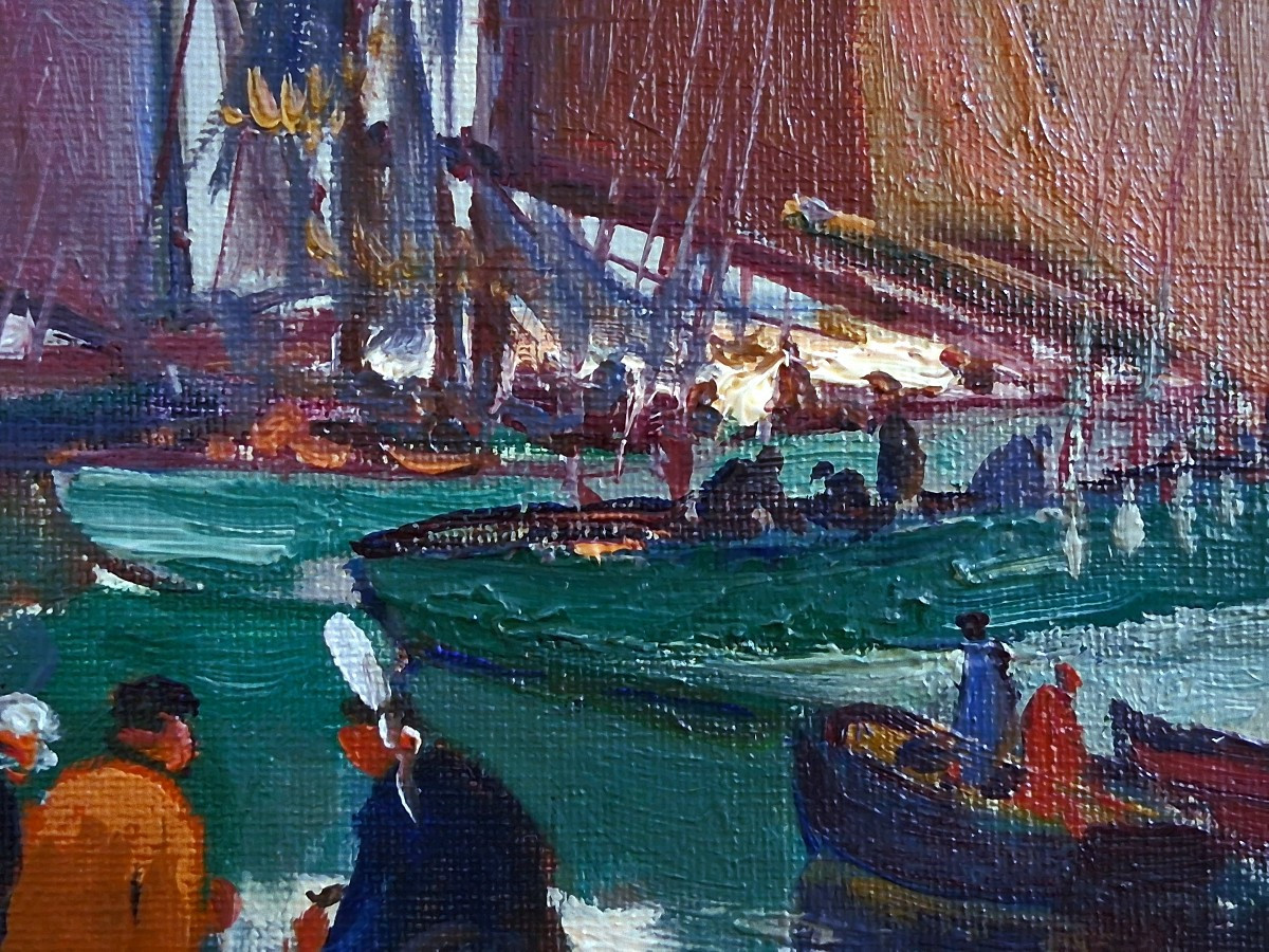 Eugène DEMESTER (1914-1984) retour de pêche en Bretagne huile sur toile marine-photo-5