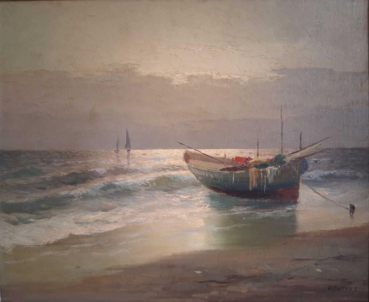 F. DUPRET huile sur toile marine barque au crépuscule-photo-2