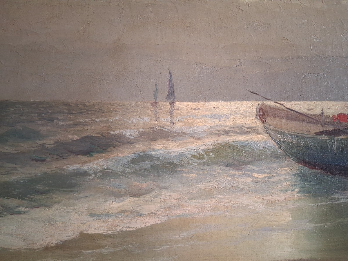 F. DUPRET huile sur toile marine barque au crépuscule-photo-3