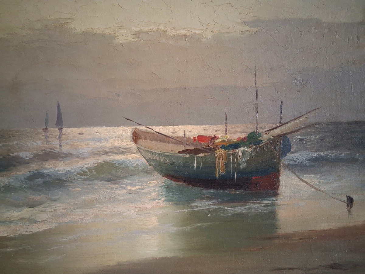F. DUPRET huile sur toile marine barque au crépuscule-photo-4