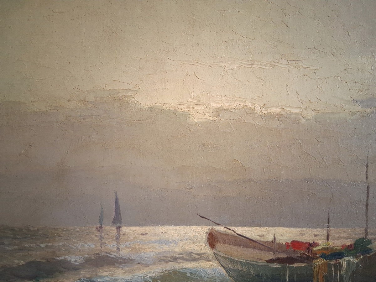 F. DUPRET huile sur toile marine barque au crépuscule-photo-1