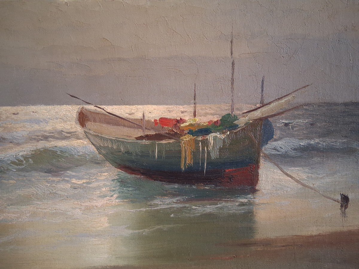F. DUPRET huile sur toile marine barque au crépuscule-photo-2