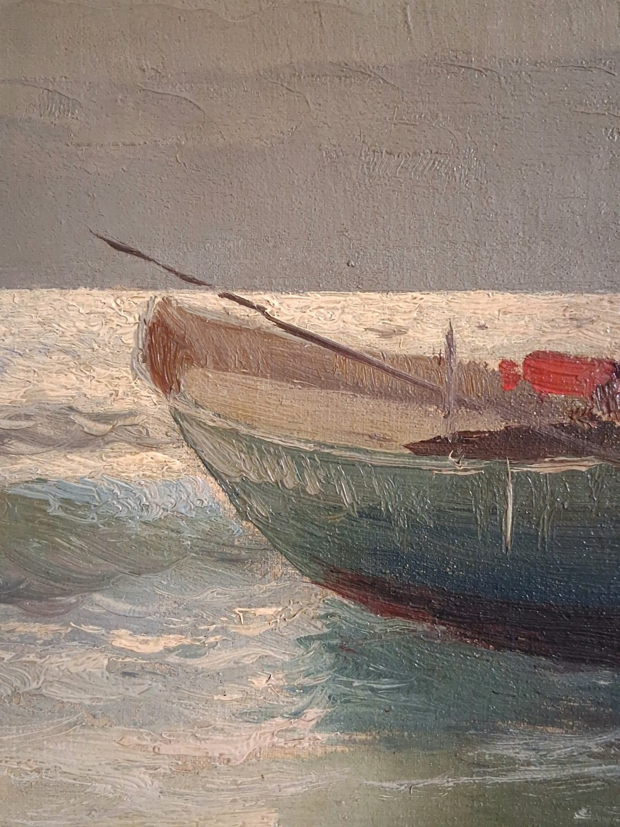 F. DUPRET huile sur toile marine barque au crépuscule-photo-3