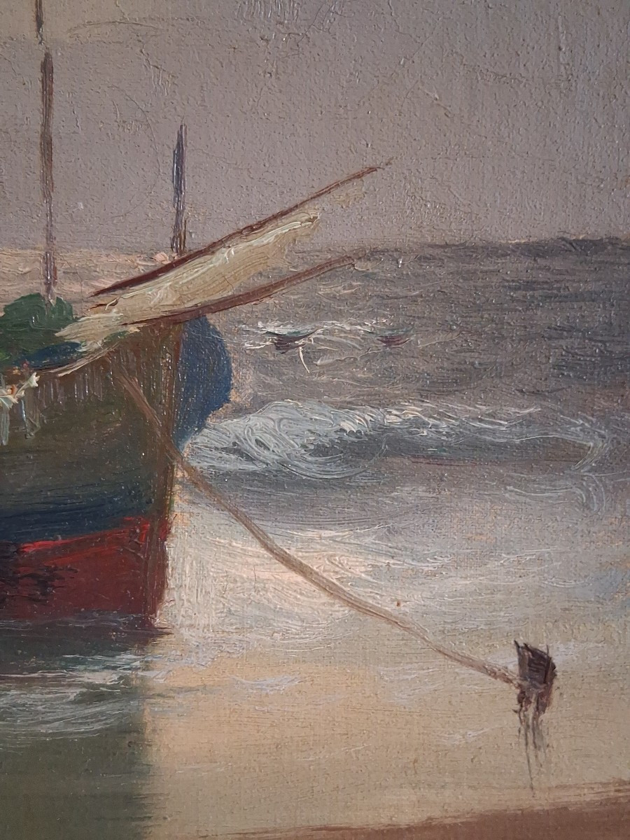 F. DUPRET huile sur toile marine barque au crépuscule-photo-5