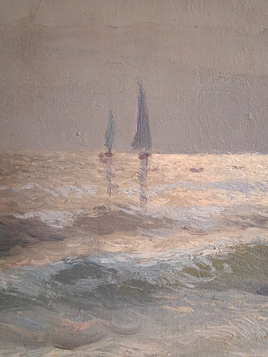 F. DUPRET huile sur toile marine barque au crépuscule-photo-6