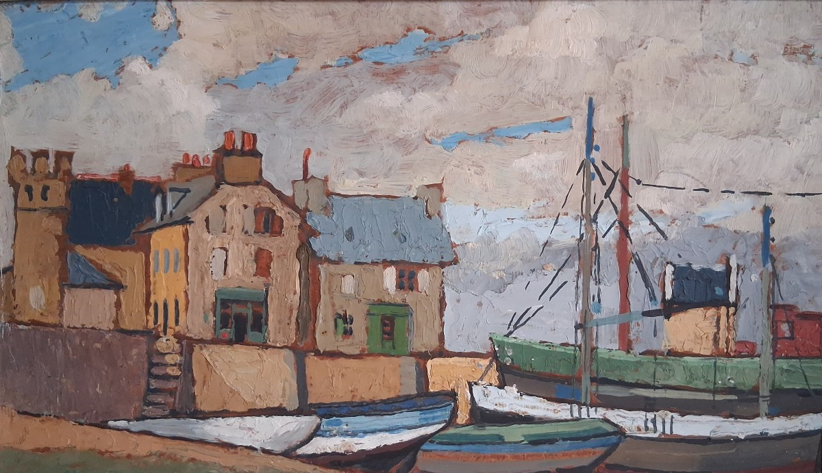 François Desnoyer (1894-1972) Oil On Panel Port Boats At The Quay
