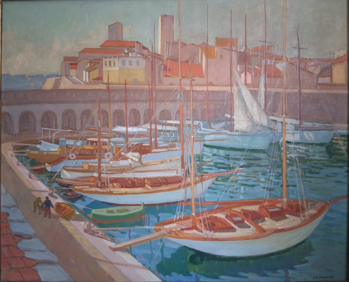 Charles Philippe PERROT (1893-1964) huile sur toile marine port méditerranéen bateaux-photo-2