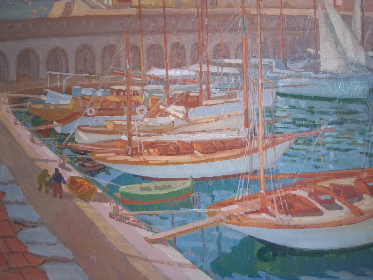 Charles Philippe PERROT (1893-1964) huile sur toile marine port méditerranéen bateaux-photo-3