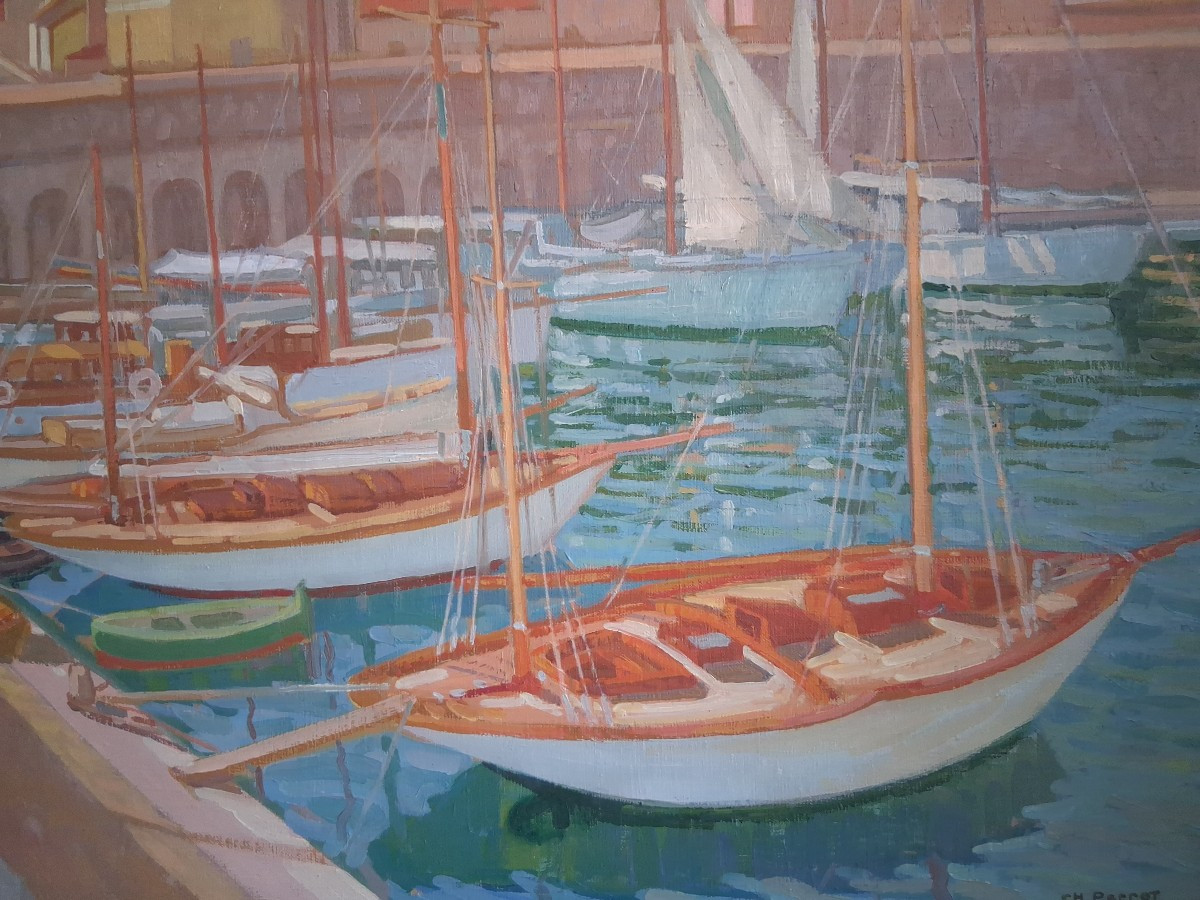 Charles Philippe PERROT (1893-1964) huile sur toile marine port méditerranéen bateaux-photo-4