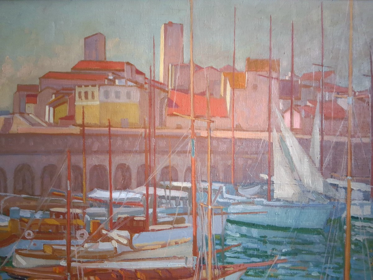 Charles Philippe PERROT (1893-1964) huile sur toile marine port méditerranéen bateaux-photo-1
