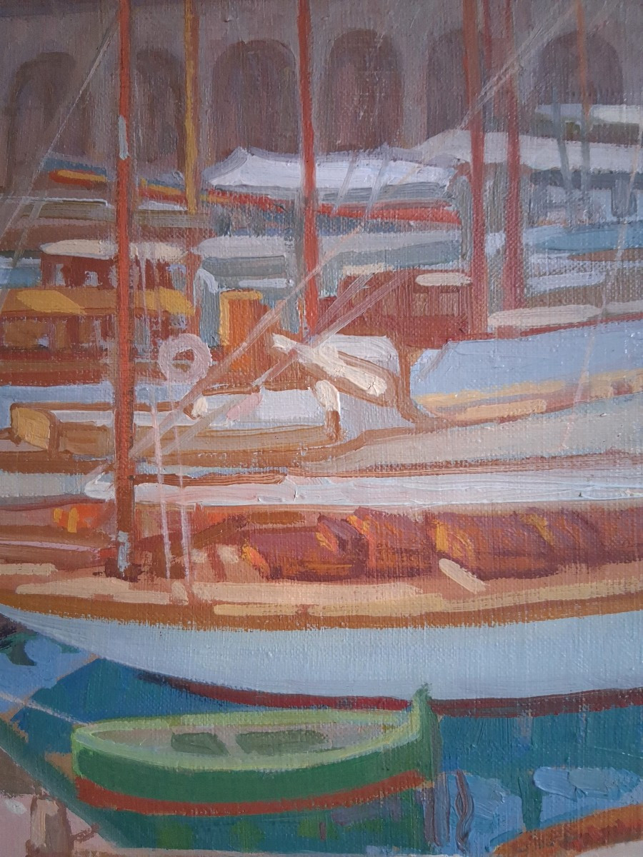 Charles Philippe PERROT (1893-1964) huile sur toile marine port méditerranéen bateaux-photo-3