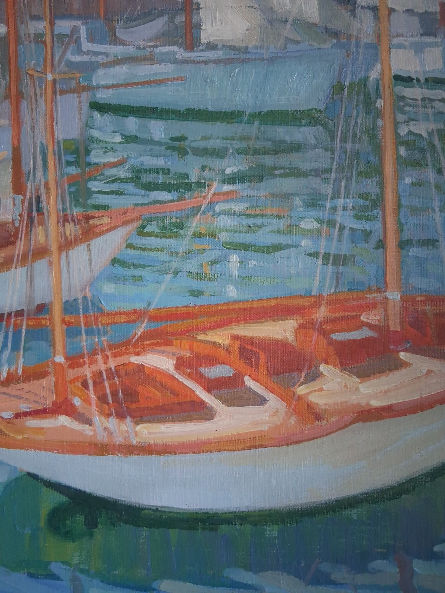 Charles Philippe PERROT (1893-1964) huile sur toile marine port méditerranéen bateaux-photo-4