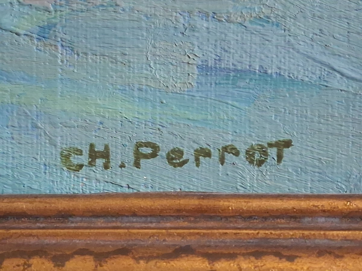 Charles Philippe PERROT (1893-1964) huile sur toile marine port méditerranéen bateaux-photo-7