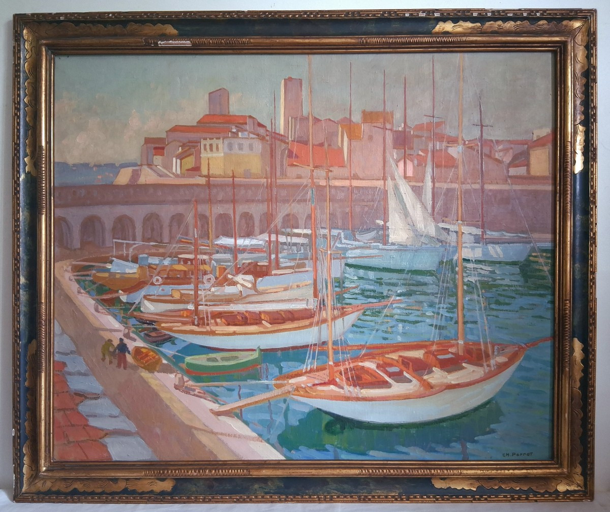 Charles Philippe PERROT (1893-1964) huile sur toile marine port méditerranéen bateaux
