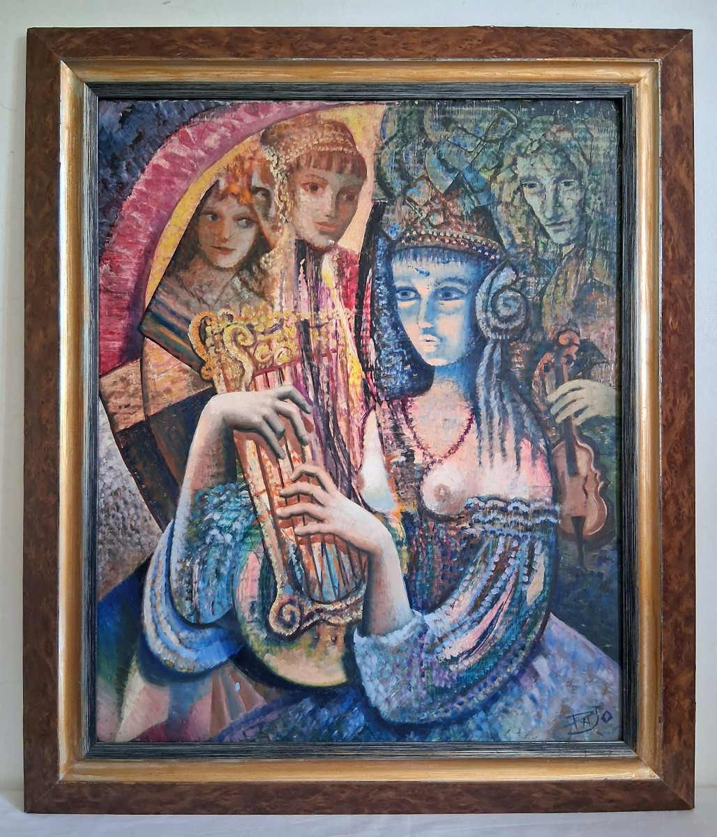 Joseph PALANDRI dit PAJO (né en 1928) huile sur toile personnages lyre violon-photo-2
