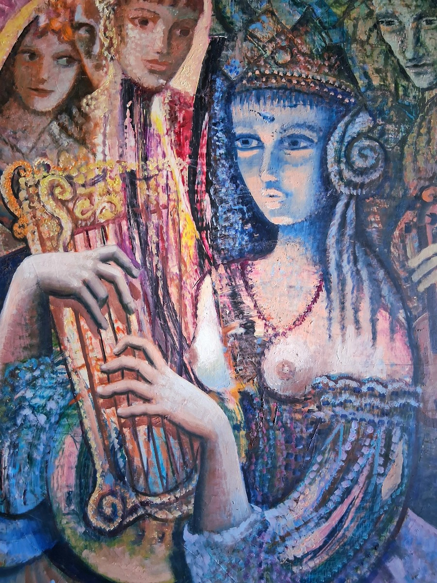 Joseph PALANDRI dit PAJO (né en 1928) huile sur toile personnages lyre violon-photo-4