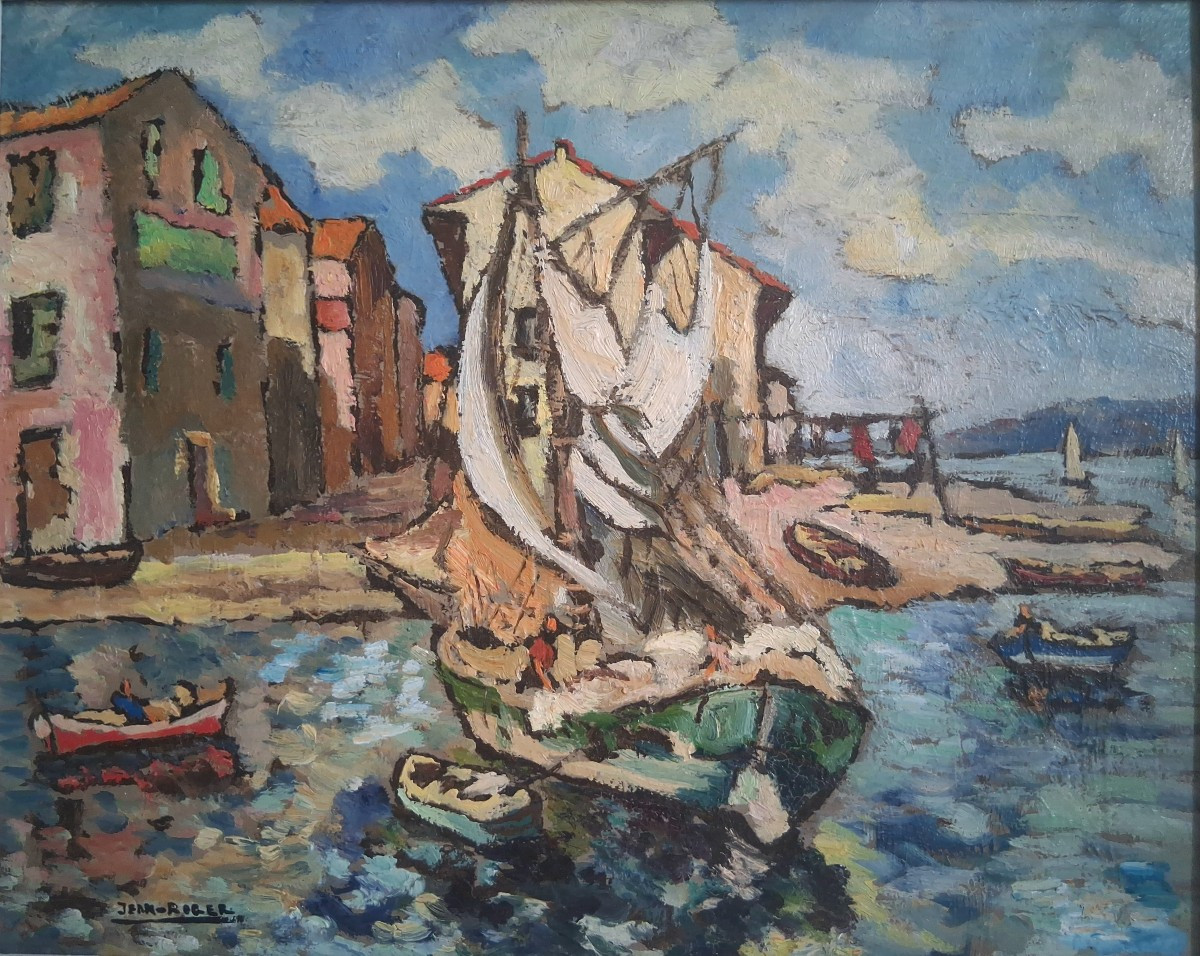 Jean ROGER (1924-2015) huile sur bois paysage marin port-photo-2