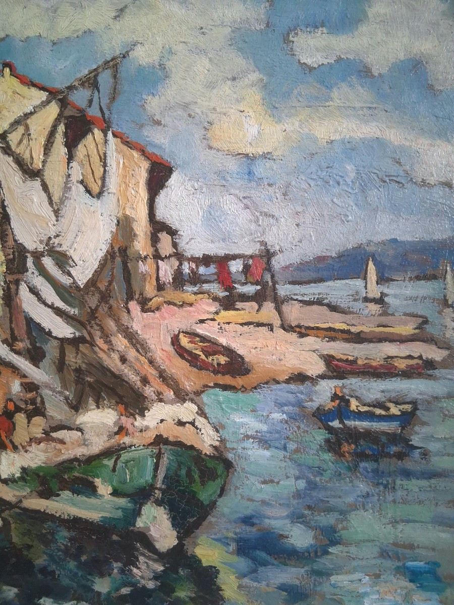 Jean ROGER (1924-2015) huile sur bois paysage marin port-photo-1