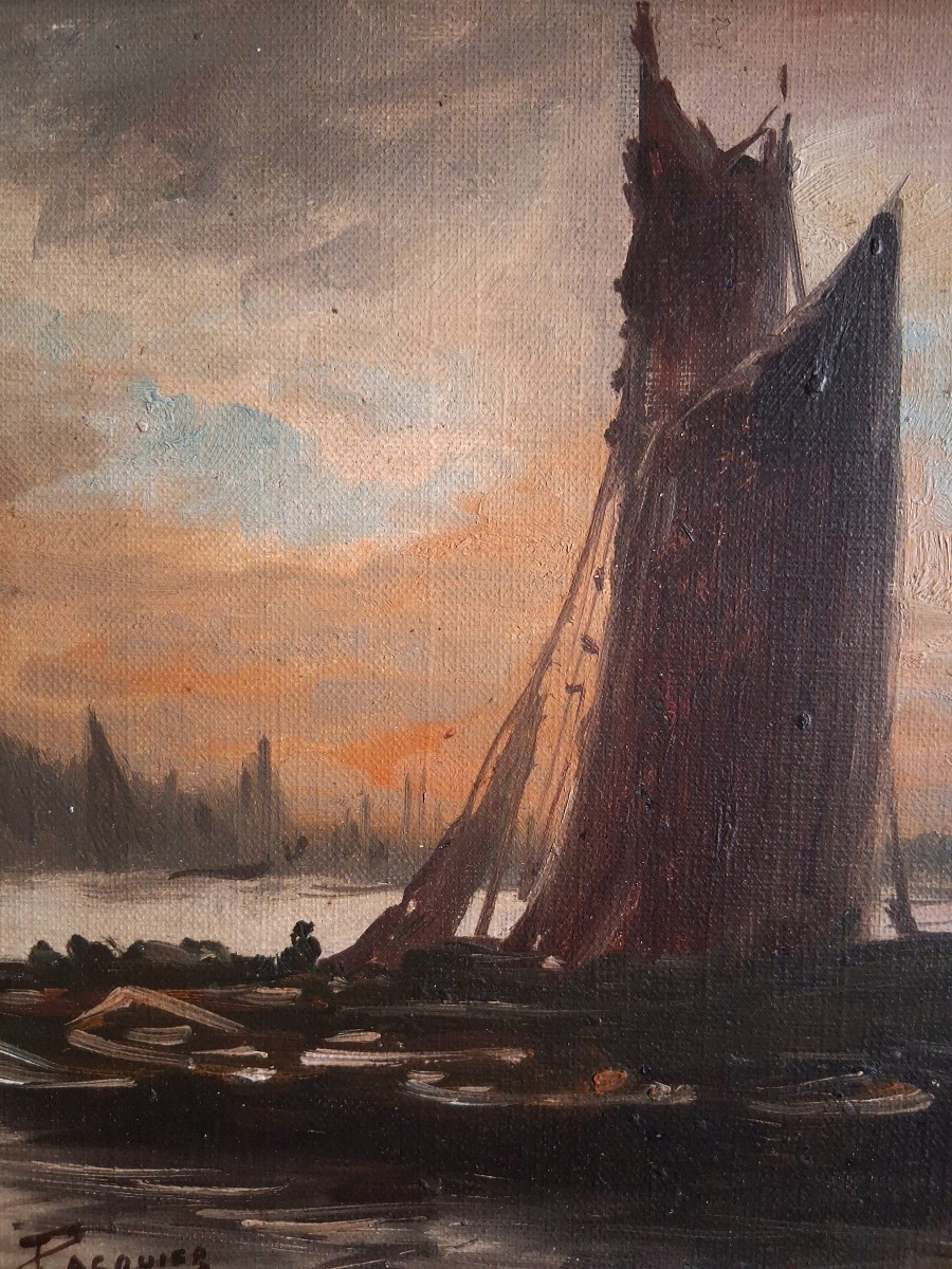 Huile sur toile marine bateaux au crépuscule Pasquier début 20ème-photo-3