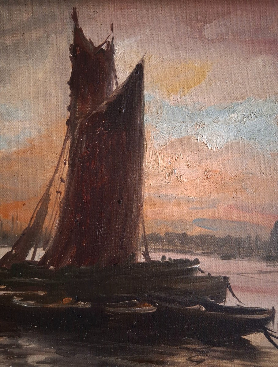 Huile sur toile marine bateaux au crépuscule Pasquier début 20ème-photo-4