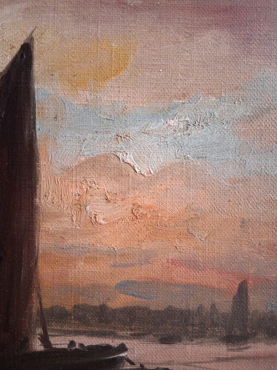 Huile sur toile marine bateaux au crépuscule Pasquier début 20ème-photo-3