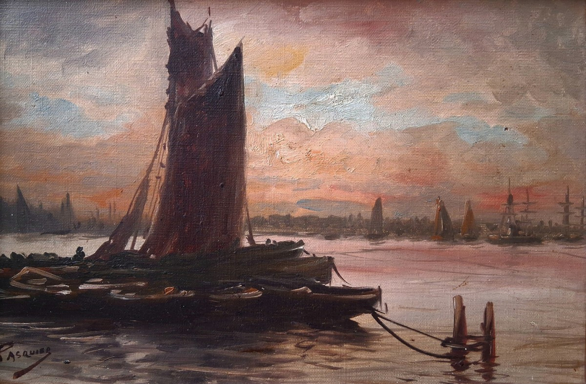 Huile sur toile marine bateaux au crépuscule Pasquier début 20ème