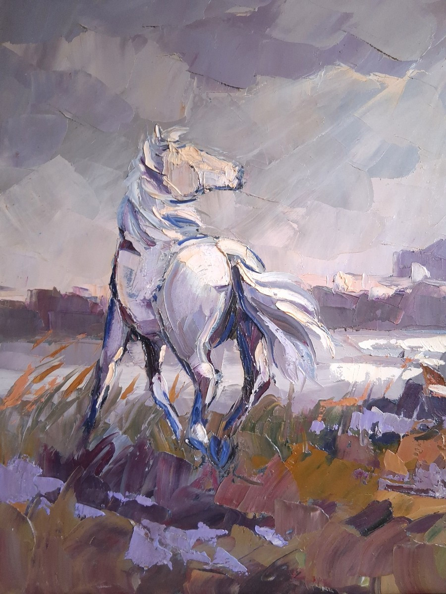 Jean Pastore (born In 1941) Horse At Saintes-maries-de-la-mer Camargue Oil On Canvas-photo-3