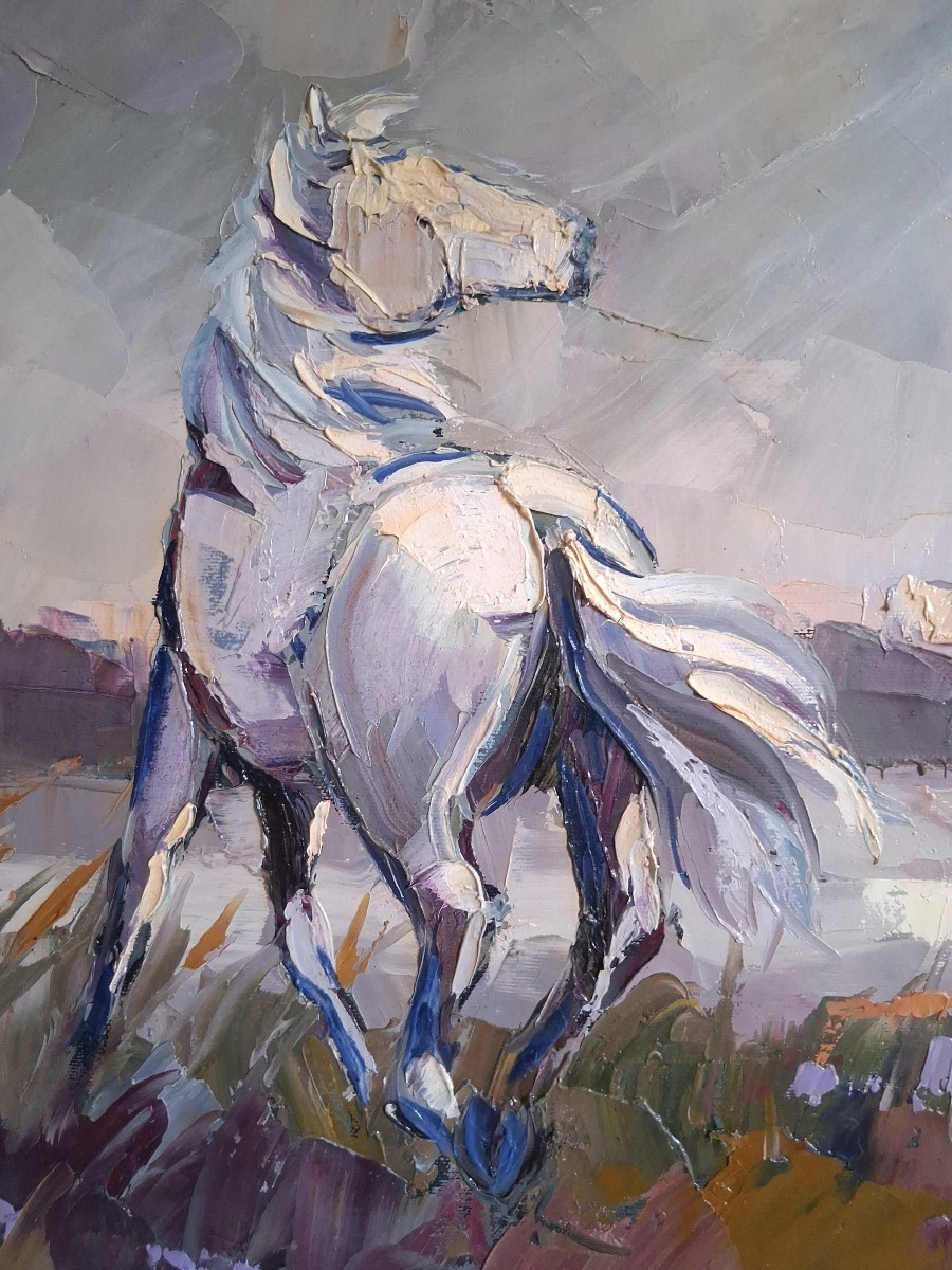 Jean Pastore (born In 1941) Horse At Saintes-maries-de-la-mer Camargue Oil On Canvas-photo-1
