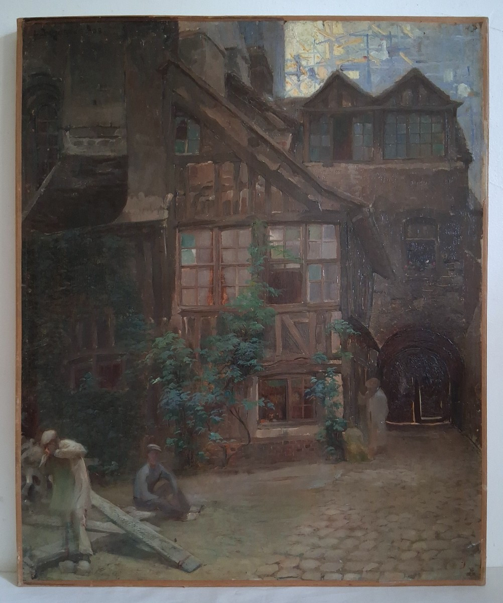 Lucien-paul Pouzargues (1878-1957) The Courtyard Of Albane Rouen Cathedral Oil On Canvas 1902-photo-2