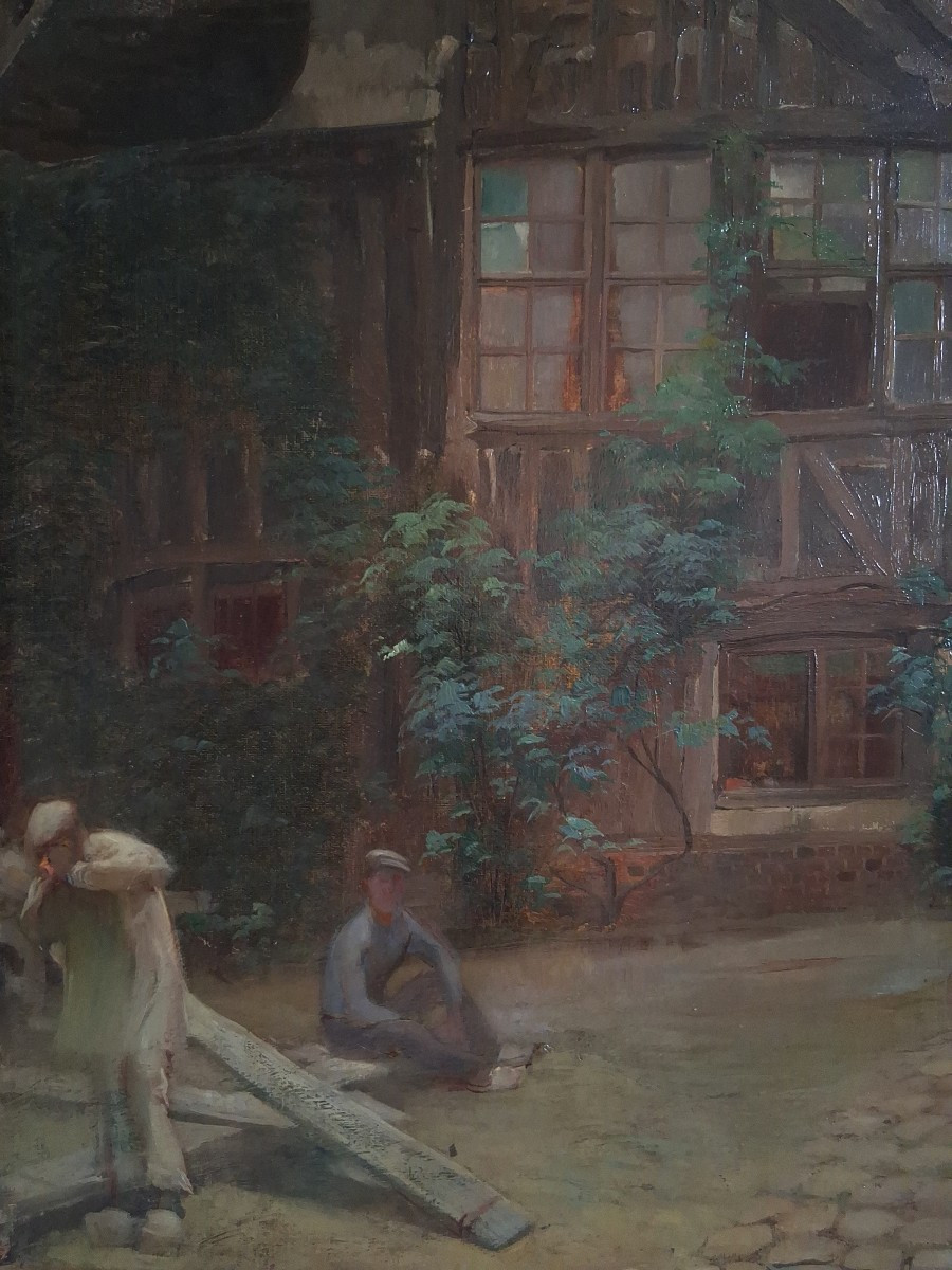 Lucien-paul Pouzargues (1878-1957) The Courtyard Of Albane Rouen Cathedral Oil On Canvas 1902-photo-3