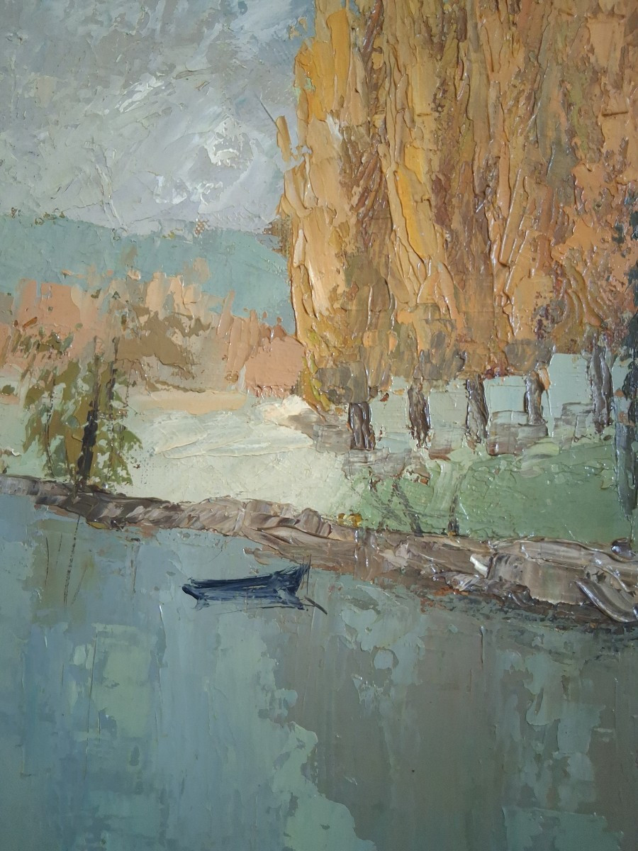 Oil On Canvas Landscape - Banks Of The Marne - G. Martinez-photo-5
