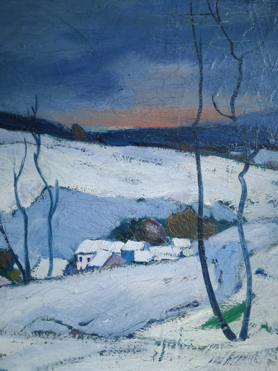 Emil OELIEDEN (Allemagne 1875-1934) paysage enneigé au crépuscule huile sur panneau-photo-4