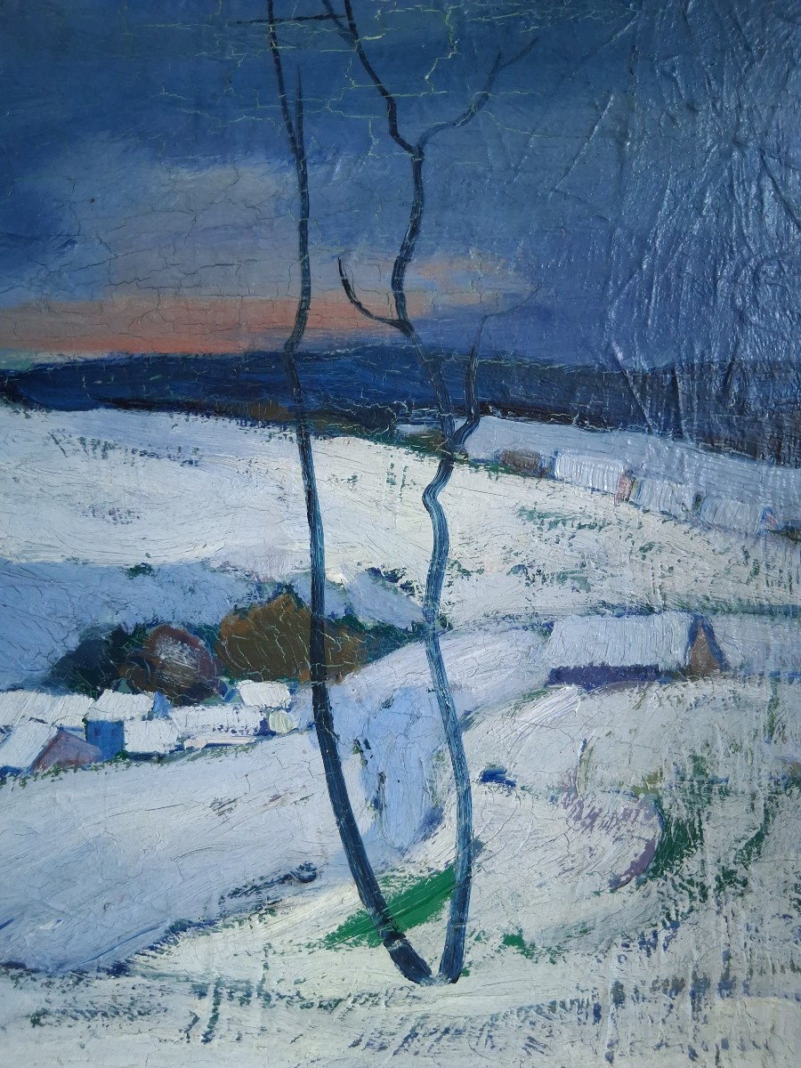 Emil OELIEDEN (Allemagne 1875-1934) paysage enneigé au crépuscule huile sur panneau-photo-1