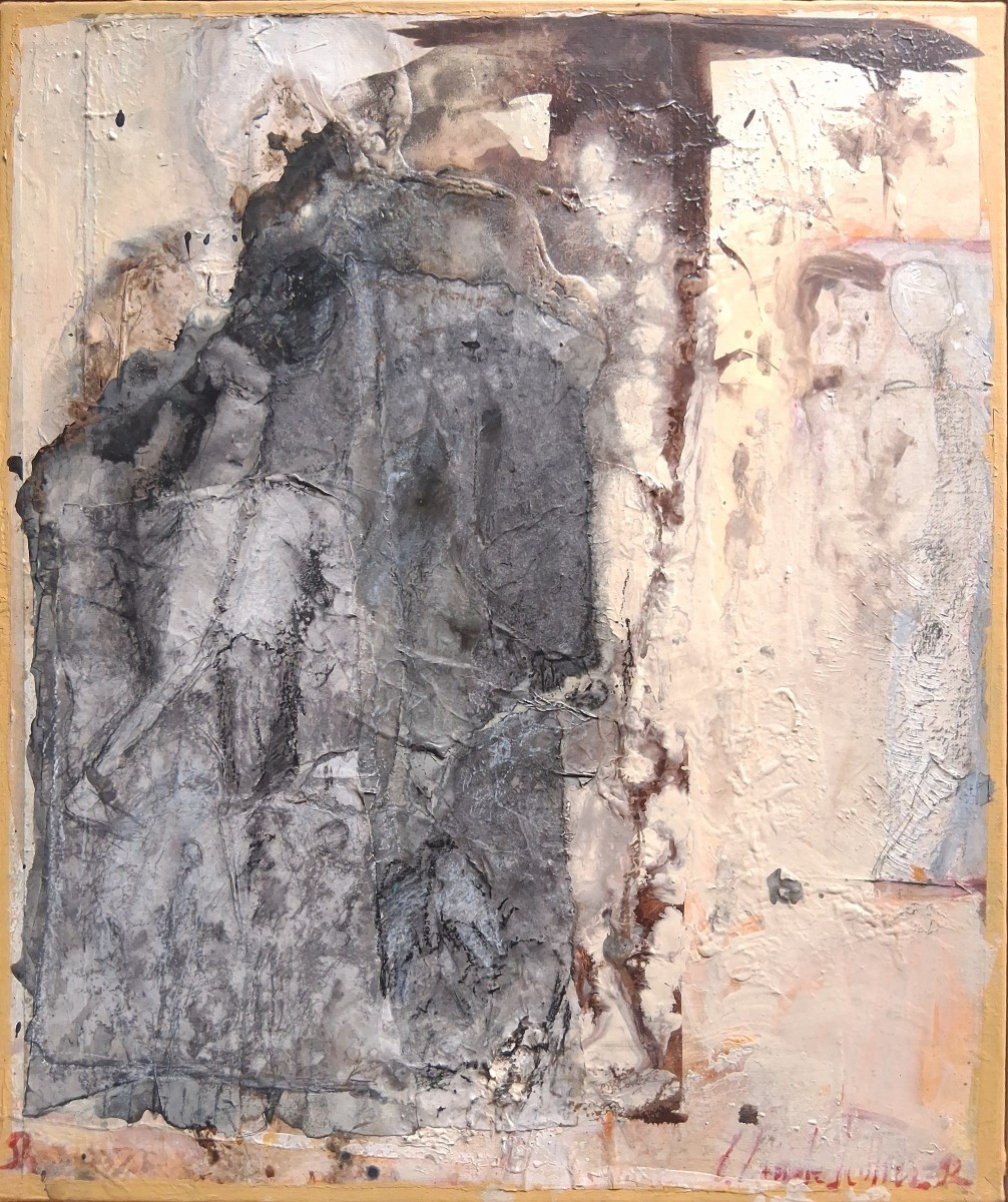 Claude PELLIER (née en 1932) composition abstraite acrylique et collages sur toile-photo-2