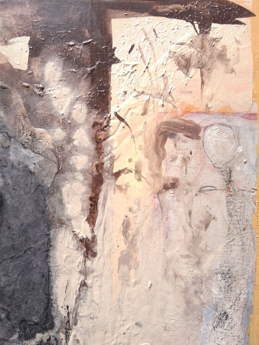 Claude PELLIER (née en 1932) composition abstraite acrylique et collages sur toile-photo-1
