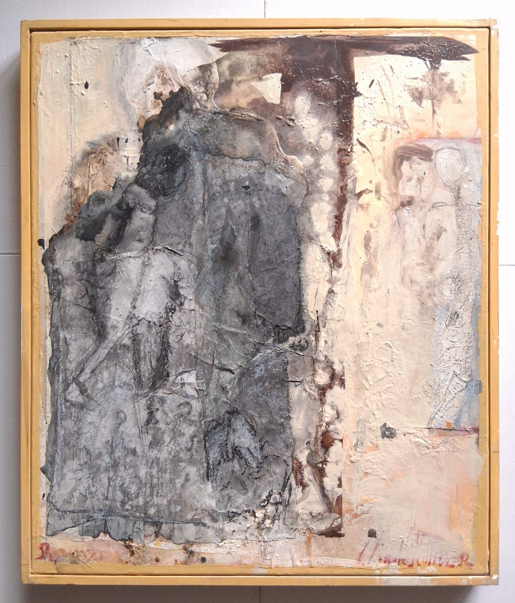 Claude PELLIER (née en 1932) composition abstraite acrylique et collages sur toile